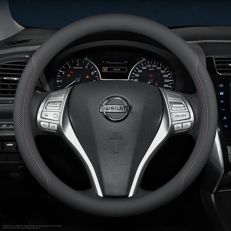 37-38cm for Nissan Rogue(X‑Trail) Qashqai Navara Sentra Patrol Y62 Kicks Two-tone stitched Nappa leather steering wheel cover