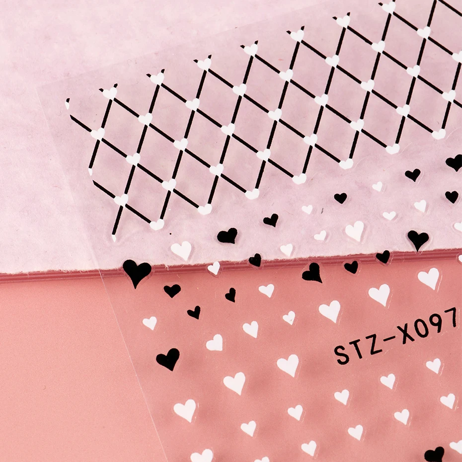 2/3개 블랙 화이트 러브 하트 네일 스티커 데칼 그리드 라인 프렌치 팁 발렌타인 네일 아트 데칼 슬라이더 포일 매니큐어 장식