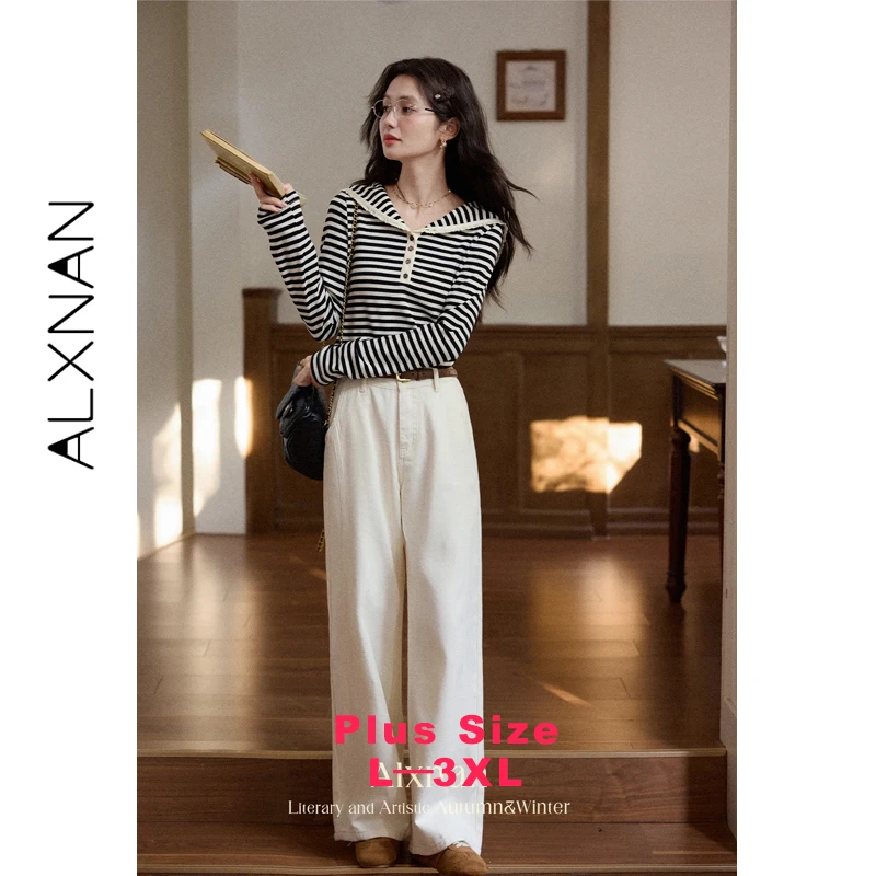 

Женская футболка ALXNAN больших размеров в полоску, повседневная, с воротником, длинным рукавом, элегантные пуговицы с цветочным узором, топы, модель D12723