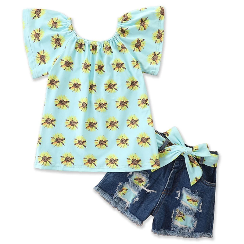 

2Piece Summer Girls Outfit Sets Fashion Flowers Print Sleeveless Cotton Baby Tops+Hole Denim Shorts Kids Boutique Clothes BC2060