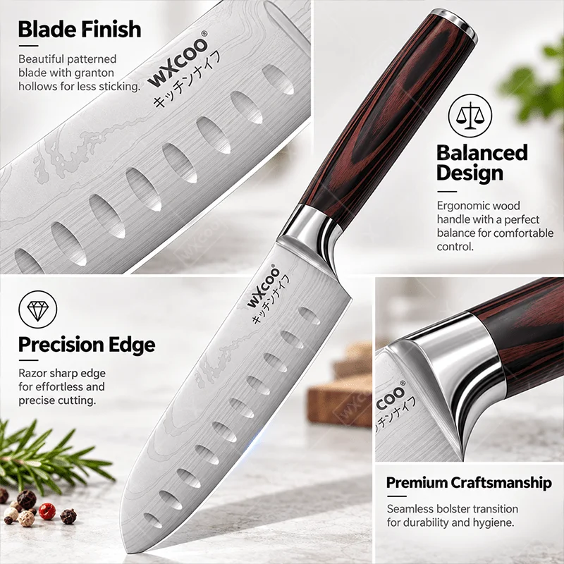 Cuchillo de cocina profesional tipo Santoku, de acero inoxidable, con mango de madera, ideal para el uso doméstico y la preparación de alimentos, se entrega en una caja de regalo.