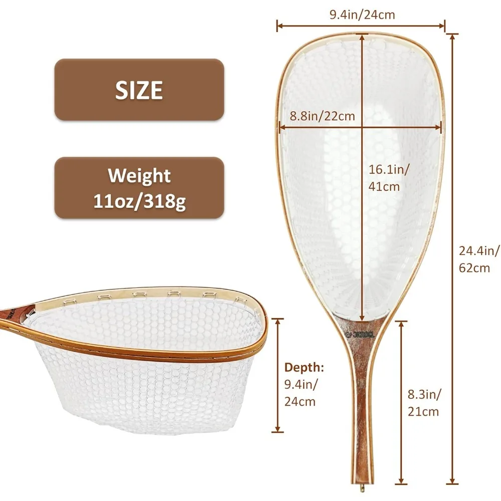 Fly Fishing Net Trout Net with Magnetic Release and Rod Holder Wooden Frame Landing Net with Soft Rubber Mesh for Catch