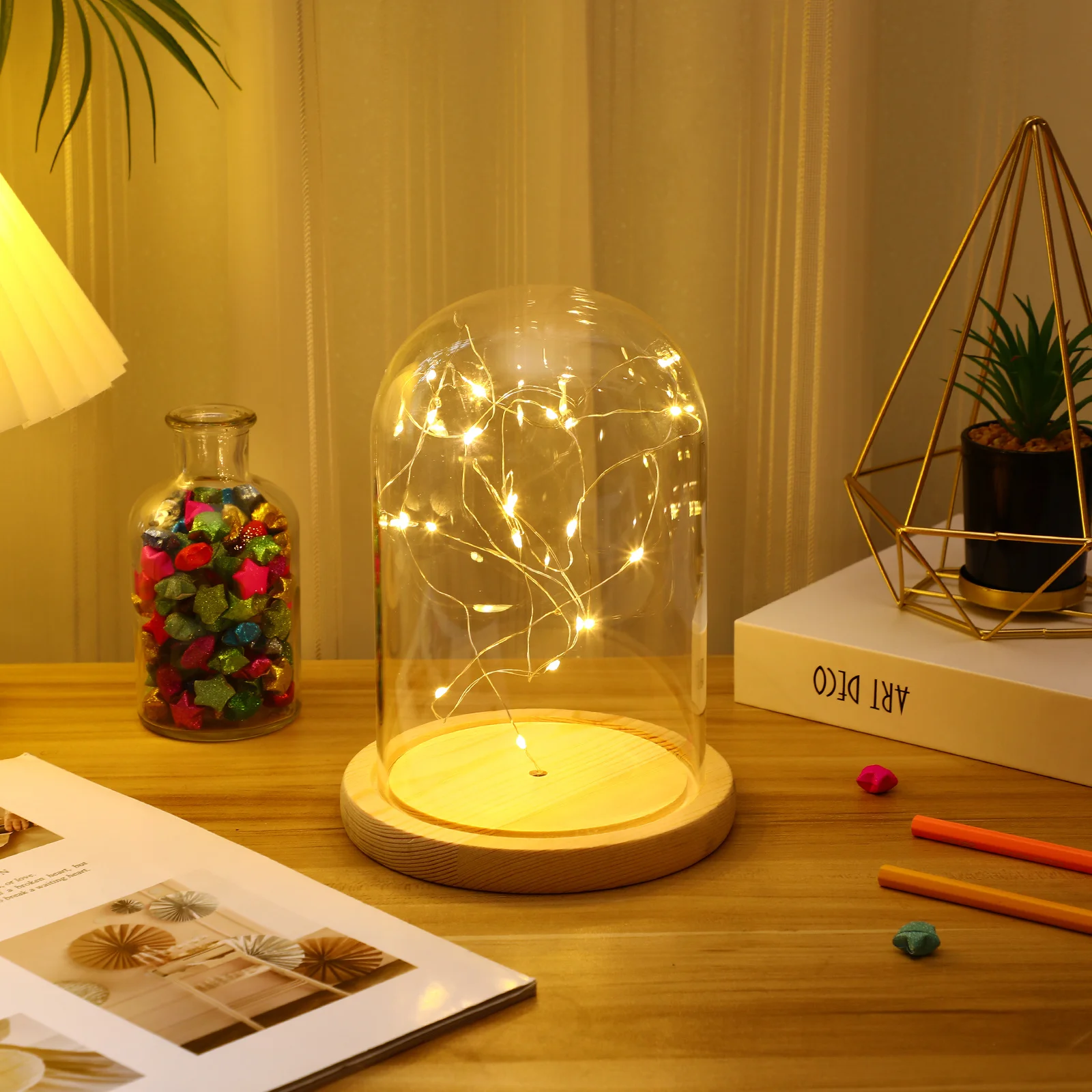 LED Glass Dome Bedside Table Lamp Bell Jar Display Wooden Base String USB LED Warm White Fairy String Lights Jar Lighting