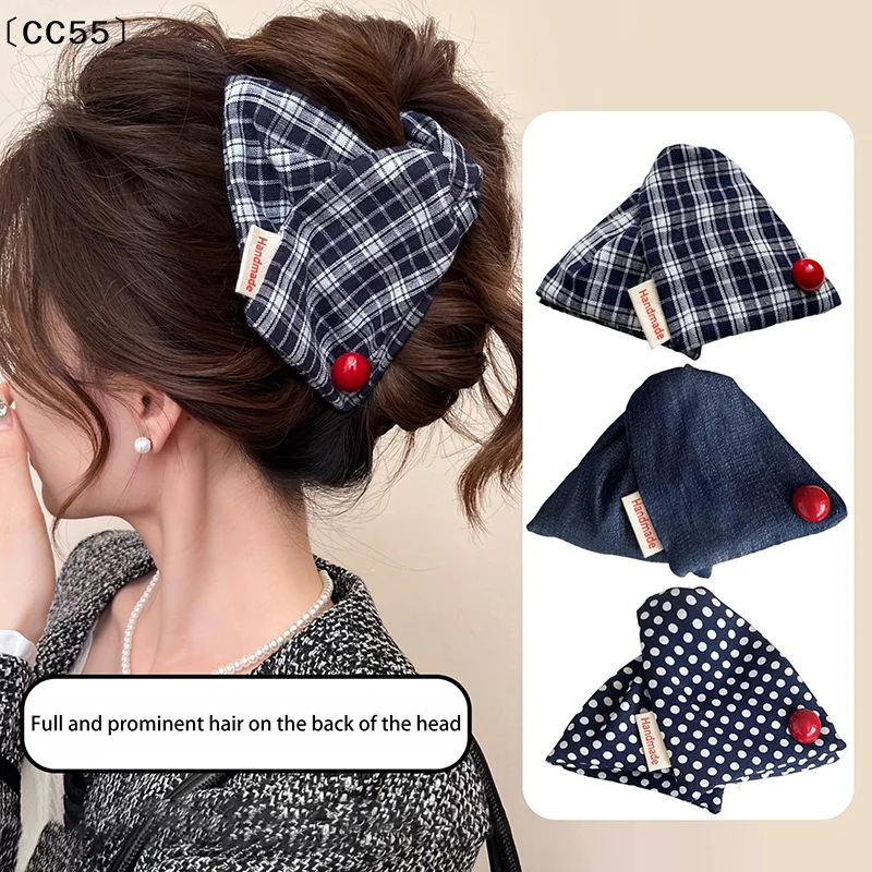 Triangle Hair Claw Clip For Women Girls Retro College Style Hair Accesss Blue Checkered Claw Clip For Ponytail Fixed Clip〔CC55〕