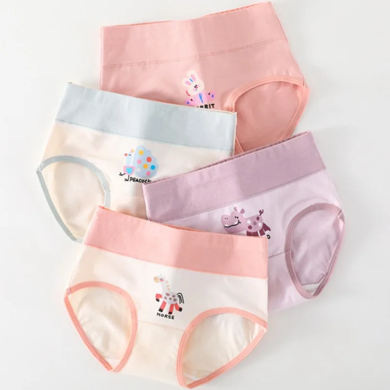 4PCS Girls High Waisted Panties Kids Cotton Antibacterial Knickers Cute Print Soft Comfort Underwears 3+y Young Children Clothes