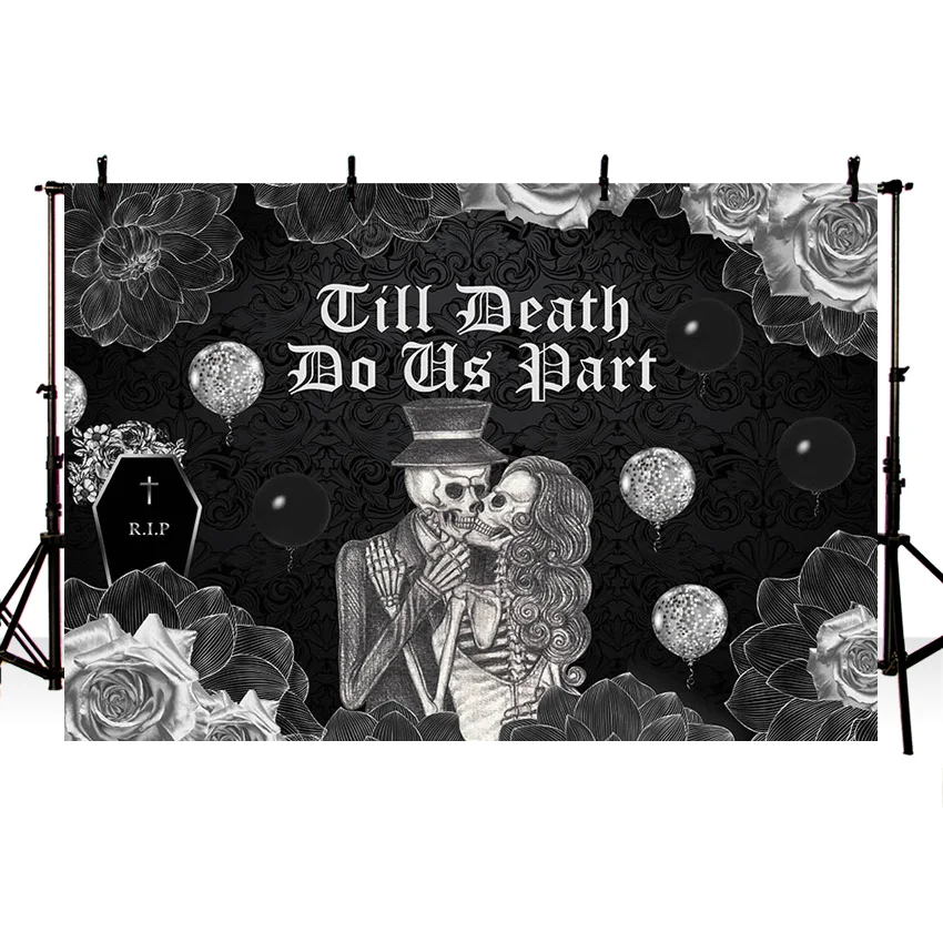 Till Death Do Us Part Wedding Party Decor Gothic Skeleton Hug and Kiss Backdrop Halloween Skull Dark Flower Background Photos