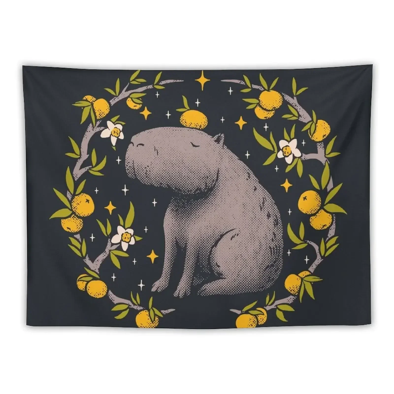 

Capybara Cottagecore Aesthetic Chilling With Orange on Head Goblincore Capy Yuzu Citrus Fruit Blossom Flowers Meditatin Tapestry