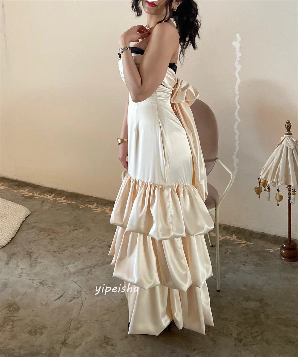 Prom Dress Saudi Arabia Classic Modern Style Formal Evening Strapless A-line Tiered Pleat Satin Bespoke Occasion Dresses