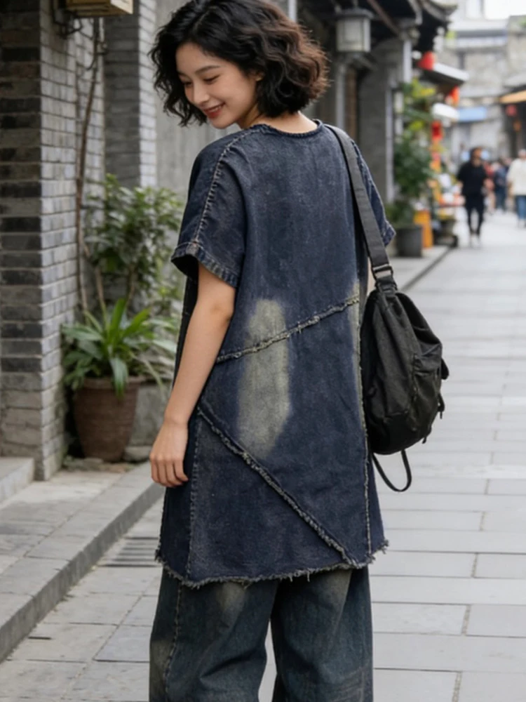 Amax LuluE 2026 Summer Vintage Loose Tops Ladies British Design Classic Denim Tee Shirts Womens Fashion Leisure O Neck Clothes