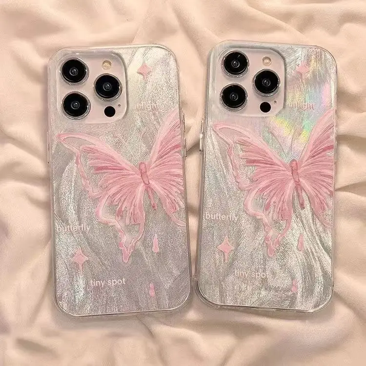 Casing Ponsel Mewah Motif Kupu-Kupu Besar Warna Pink Untuk iPhone 17 16 15 14 13 12 11 Pro Max 16E 7 8 Plus SE2 Pelindung Anti Benturan