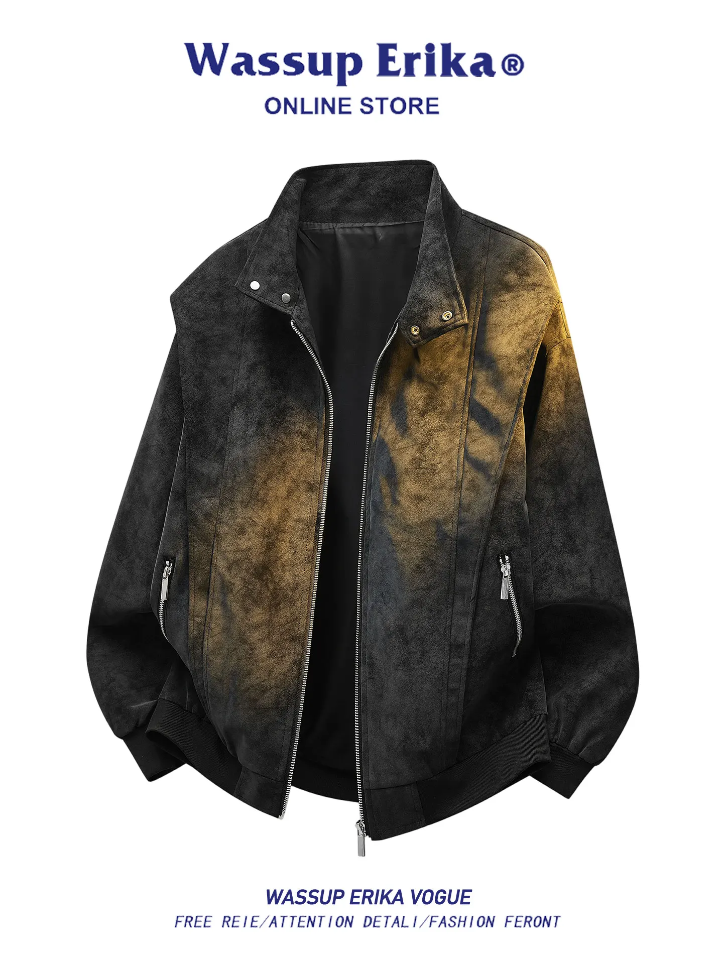 

Wassup Erika Men's Vintage PU Leather Jaet Tie Dye Weathered Flight Jaet Autumn Winter Casual Sle Zipper Closure Long S...