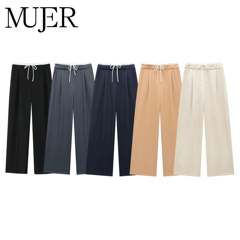 MUJER 2025 Wide Leg Pants for Women High Waist Baggy Pants Woman Summer Pleated Loose Pants Women Streetwear Tied Woman Trousers