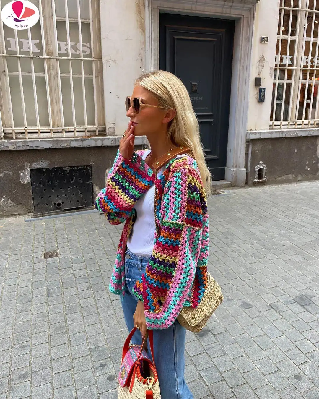 

APIPEE Colorful Knit Stitch Hollow Out Oversize Cardigan Women Open Front Long Sleeve Flare Cuff Sweater