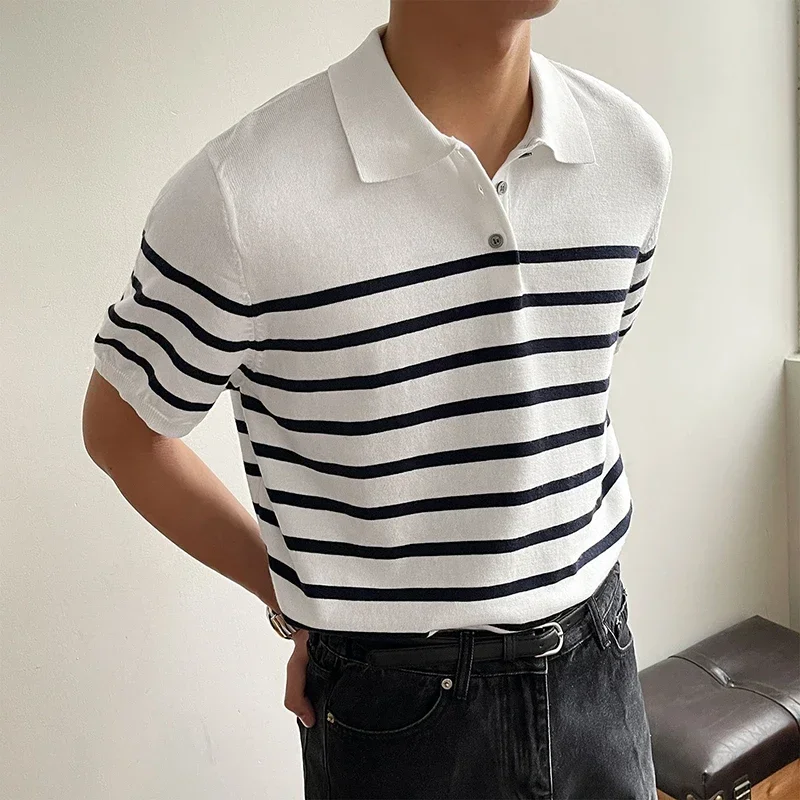 

Fashion Striped Mens Knit Polo Shirts Slim Fit Short Sleeve Buttoned Lapel Knitted Polos T Shirt For Men Summer Casual Knitwear