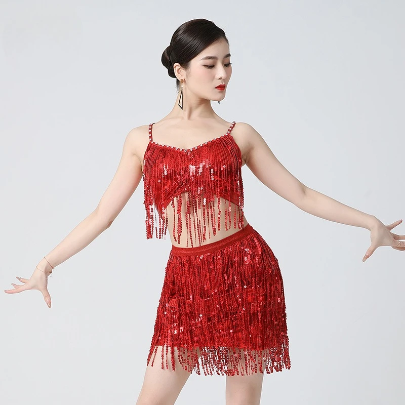 Ensemble de danse latine, robe de danse à franges, robe de spectacle sur scène à paillettes, jupe mi-longue, Costume de danse