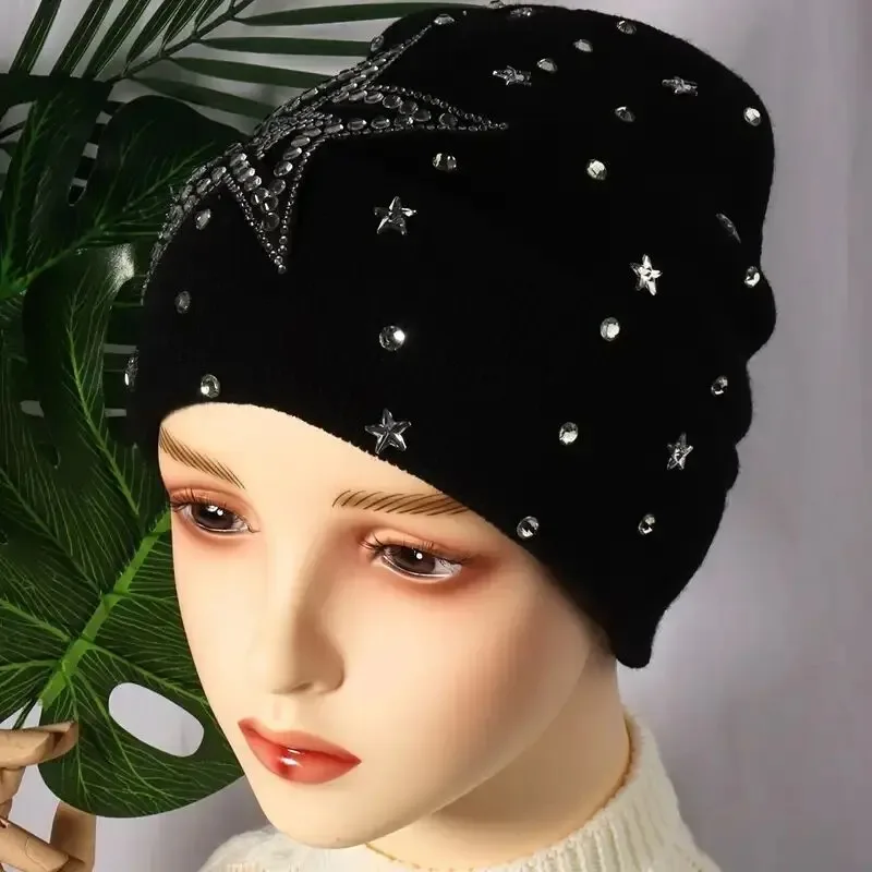 Autumn Inlaid Diamond Punk Style Gloves Hat Two-piece Set Y2K Subculture Trend Cool Star Elements Cold Hat Fashion Warm Hats