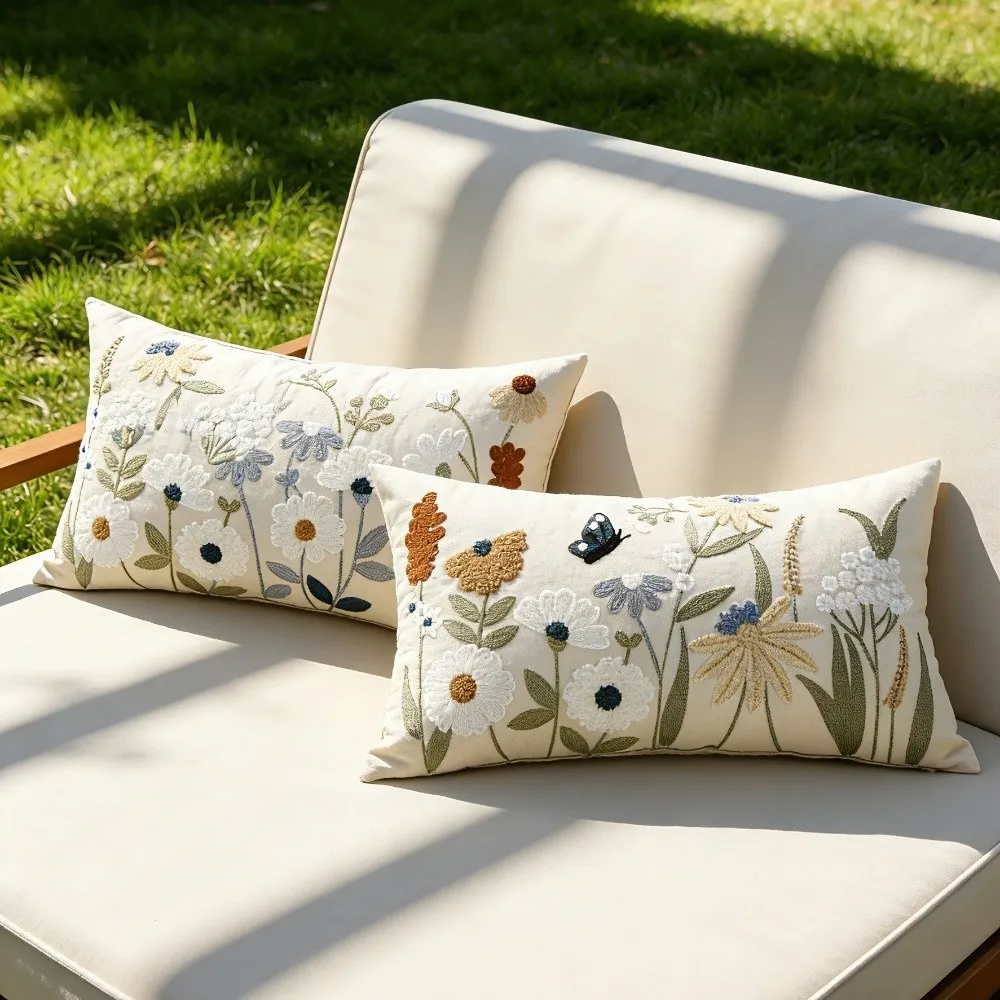 

Pastoral Floral Embroidered Cushion Cover Canvas Square Tufted Throw Pillow Cover Wear Resistant Soft Texture