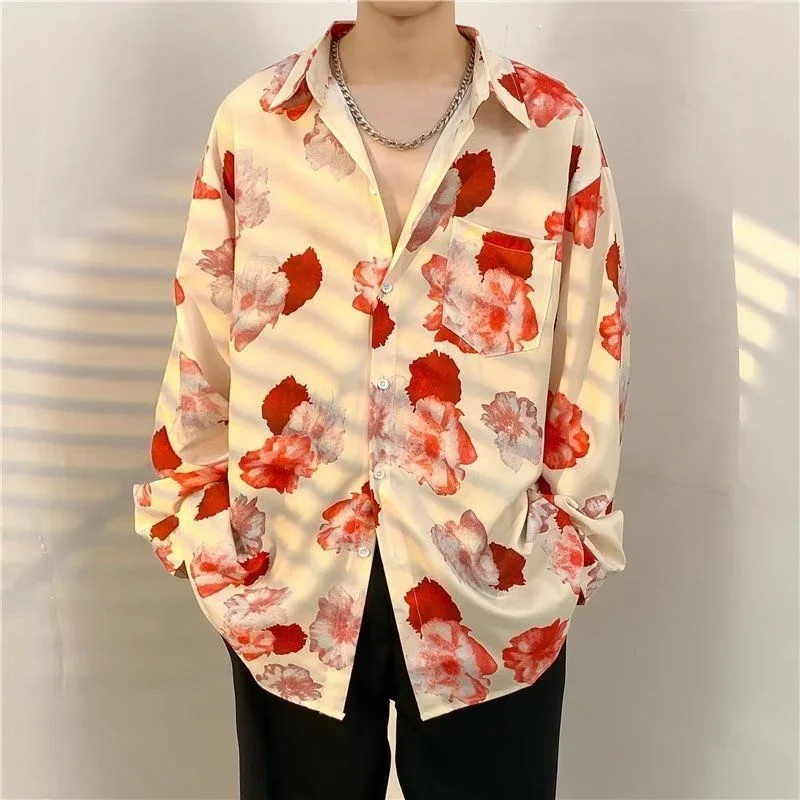 Mens Hawaiian Shirt Streetwear Hip Hop Flower Print Summer Beach Long Sleeve Shirts Men Fashion Casual Male Pocket Blouse Tops