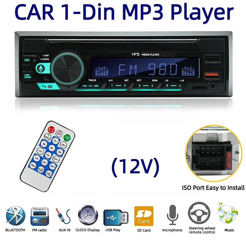 

Car Radio USB/TF/AUX Microphone Remote Control 1 Din Stereo Receiver 12V MP3 Player Hands-free Calls 2 USB Built-in Bluetooth