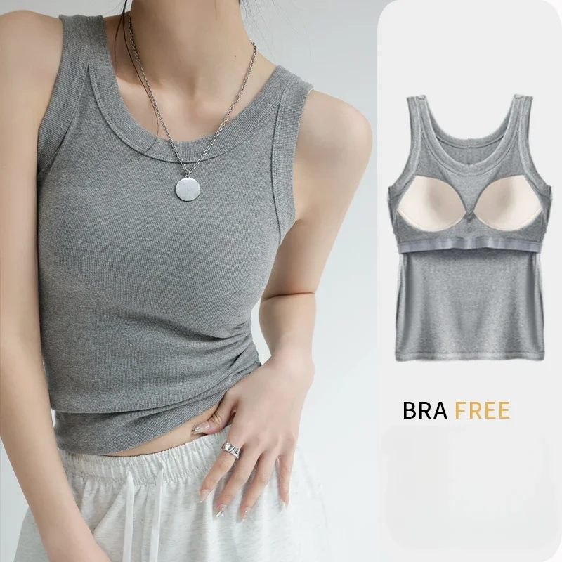 2026 New Women Solid Round Neck Ribbed Tank Top Camisole Women Summer Basic Elastic TankTop One-piece Vest with Chest Pad Y2k