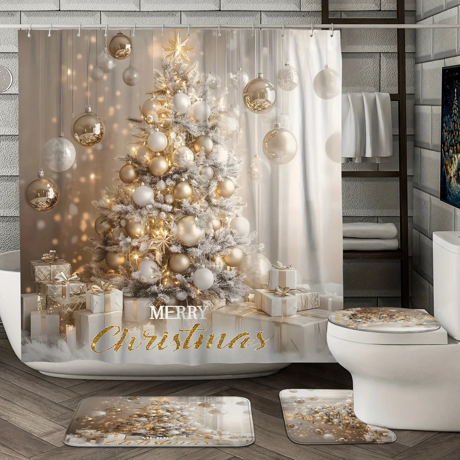 4Pcs Xmas Decor Ball Bath Set,Shower Curtain with 12 Hooks, Non-Slip Mat,U-Shaped Toilet Cover, Bathroom Accessories, Bath Decor