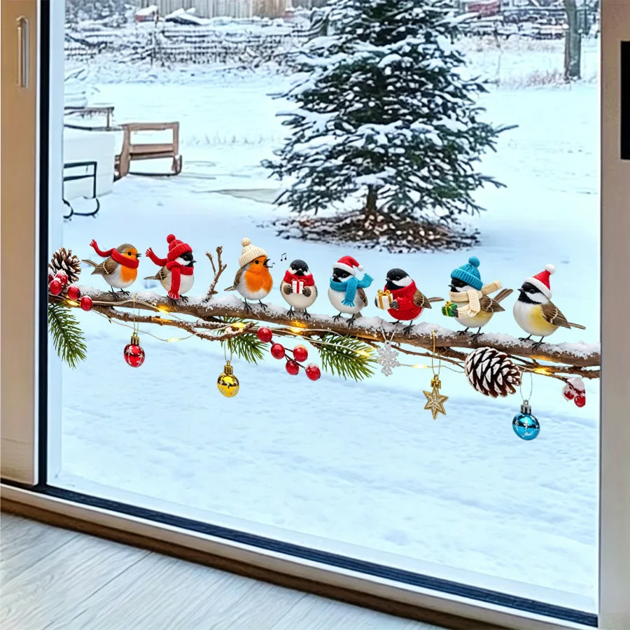 Christmas window stickers, birds on tree branches as Christmas decorations, winter snow scene glass door stickers