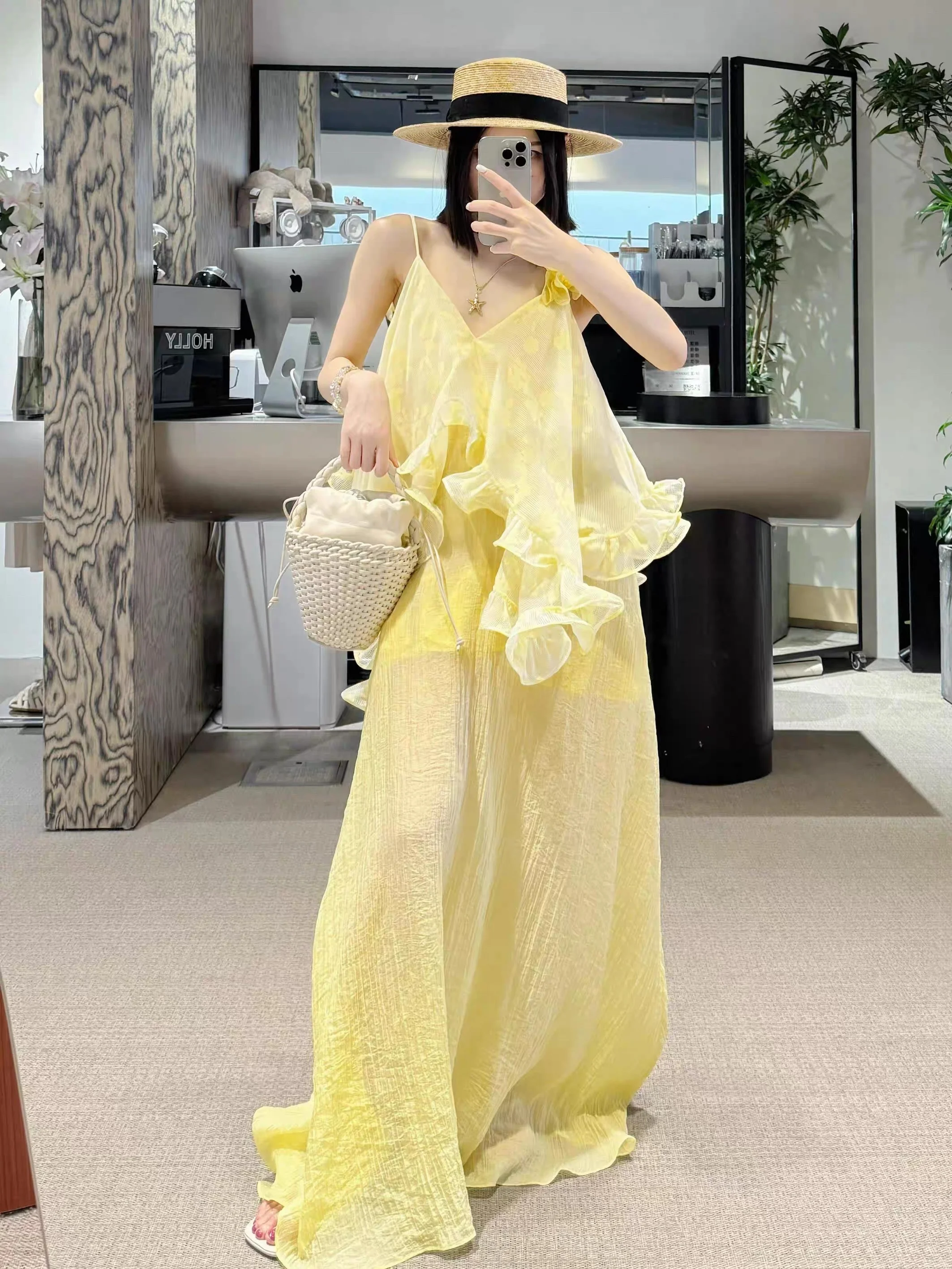 

Романтическая винтажная летняя пляжная юбка-макси на бретельках для женщин: новая дизайнерская модель, элегантная, с завышенной талией, из шелка.