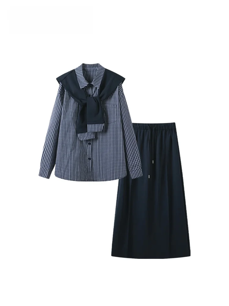 

Комплект из рубашки и юбки больших размеров для женщин: универсальный весенний модный комплект с длинным рукавом для полных девушек