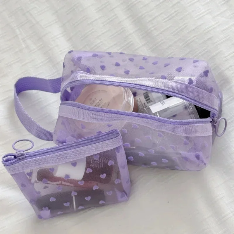 Women Cosmetic Storage Bag Travel Organizer Holder Purse Purple Heart Printed Nylon Mesh Make Up Bag Clear Cute Makeup Bag Pouch