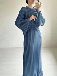 2024 Eid Flare Sleeve Muslim Pleated Dress Women Abaya Morocco Ramadan Lace-Up Abayas Kaftan Islam Dubai Arab Modest Long Robe