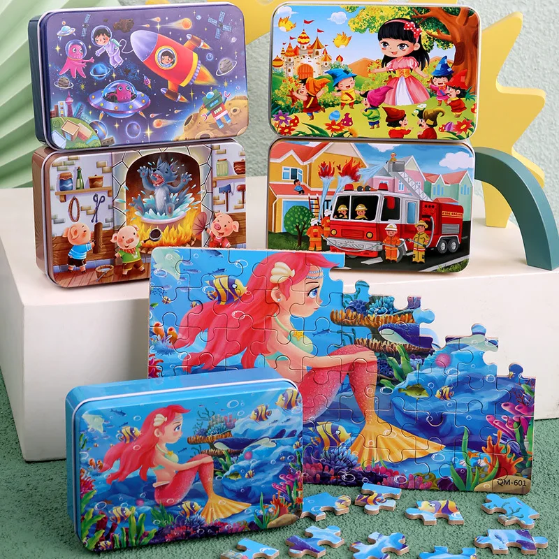 60pcs 3D Wooden Jigsaw Puzzles with Cartoon Snow White/Cinderella/Princess/Helicopter/Hot Air Balloon Picture Puzzles for Kids