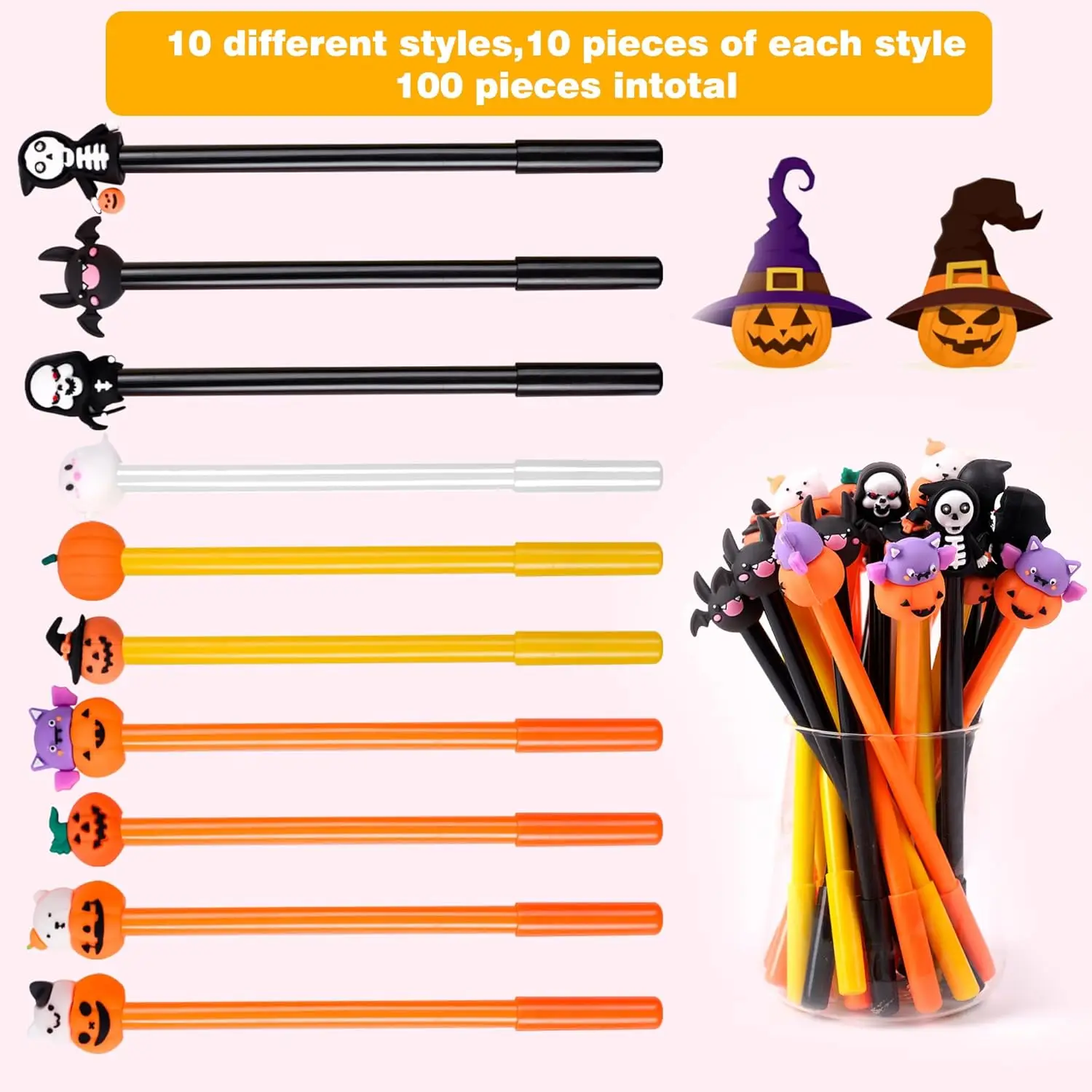 60 Pcs Halloween Gel Ink Pens Cute Pumpkin Skull Heads Pens Novelty Writing Tools Writing Supplies