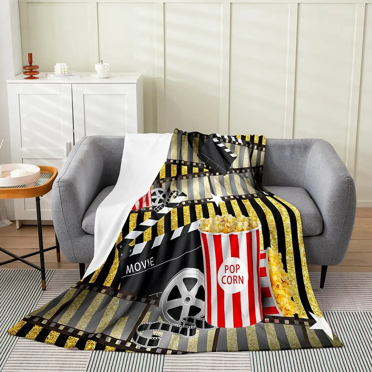 Vintage Cinema All Season Bed Blanket Old Movie Theater Theme Throw Blanket Filmstrip Popcorn Flannel Blankets for Sofa Bedroom