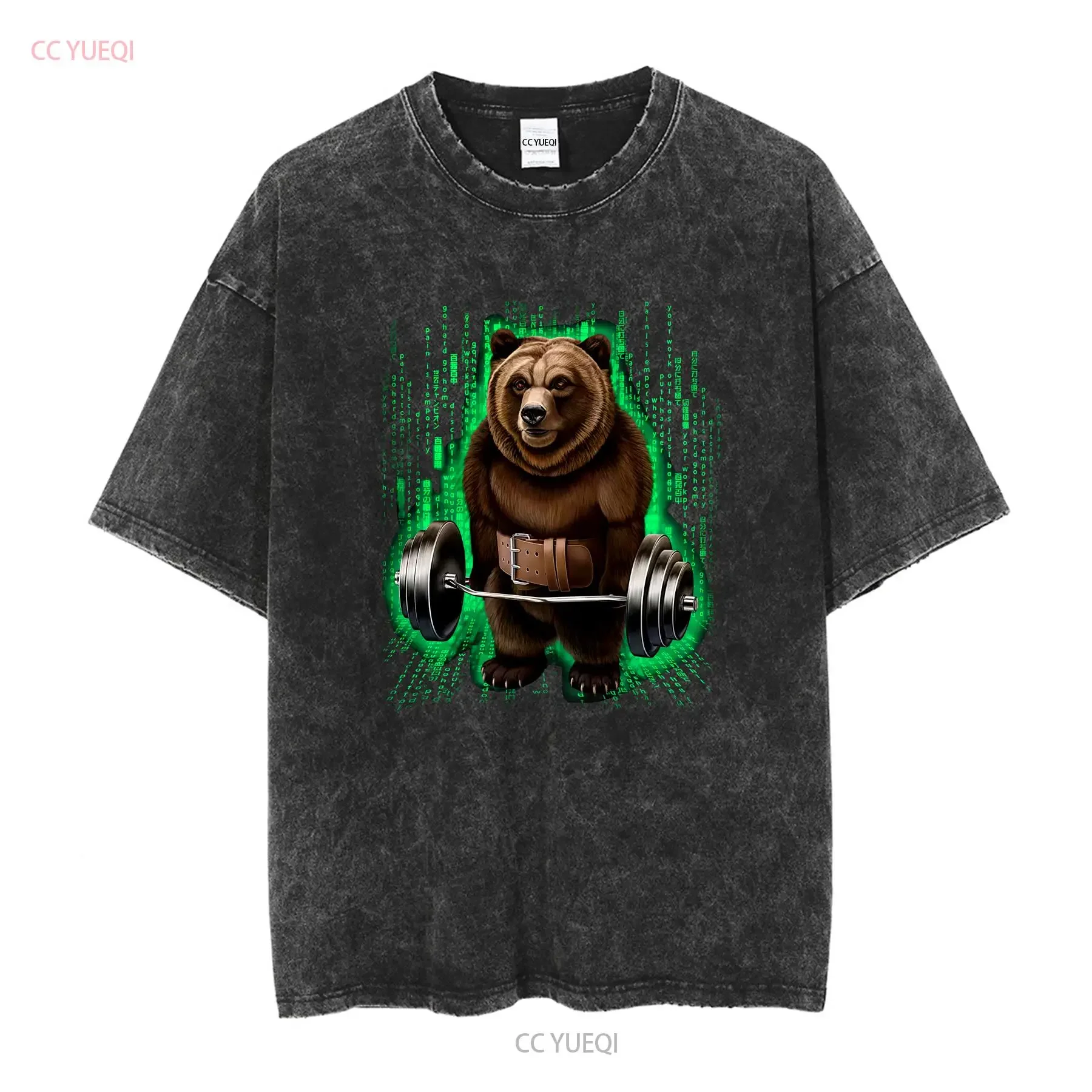 Grizzly Bear Muscle Training with Barbell Shrug Bar in Cyber Gym Youth T Shirt PrintStarT long or short sleeves vintage Washed