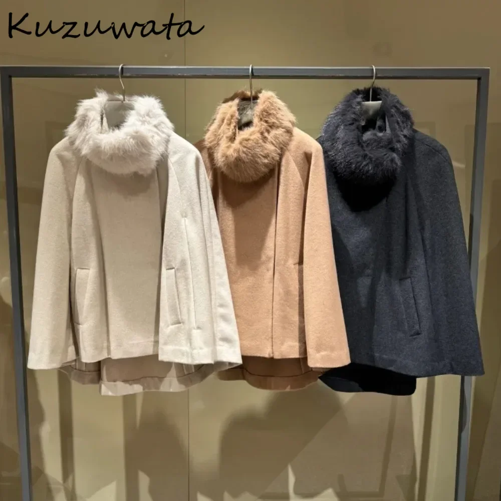 Kuzuwata Feminine Luxury Fur Collar Cloak Sleeves Blends Wool Loose Moda Irregular Personalized Jacket Japan New Warm Clothing