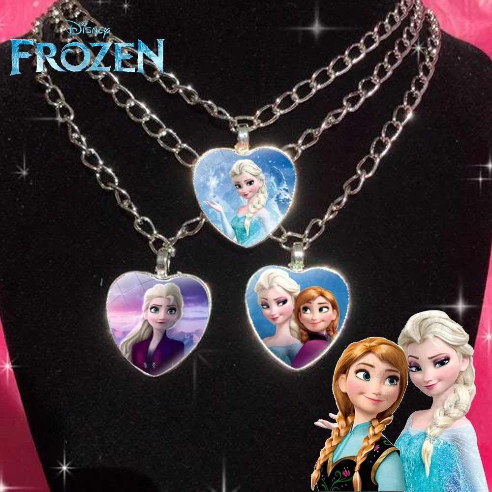 Disney Frozen Moana Tangled Aladdin Necklace Love Heart Shape Pendant Girl Cartoon Anime Figures Princess Accessories Girl Gifts