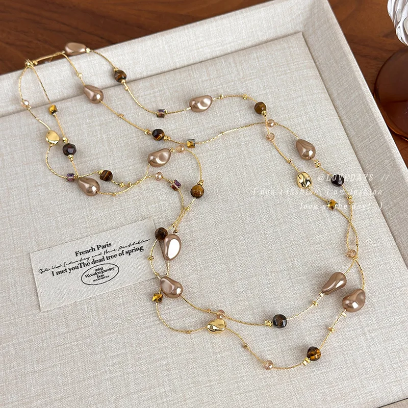 Double Layer Sweater Chain Irregular Pearl And Tiger Eye Stone Necklace Vintage Stackable For Women Fall Winter Standard Length