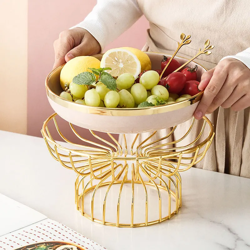 Modern Ceramic Tall Fruit Plate Golden Hollow Dessert Snack Cake Stand Border Jewelry Cosmetic Rack Home Decoration