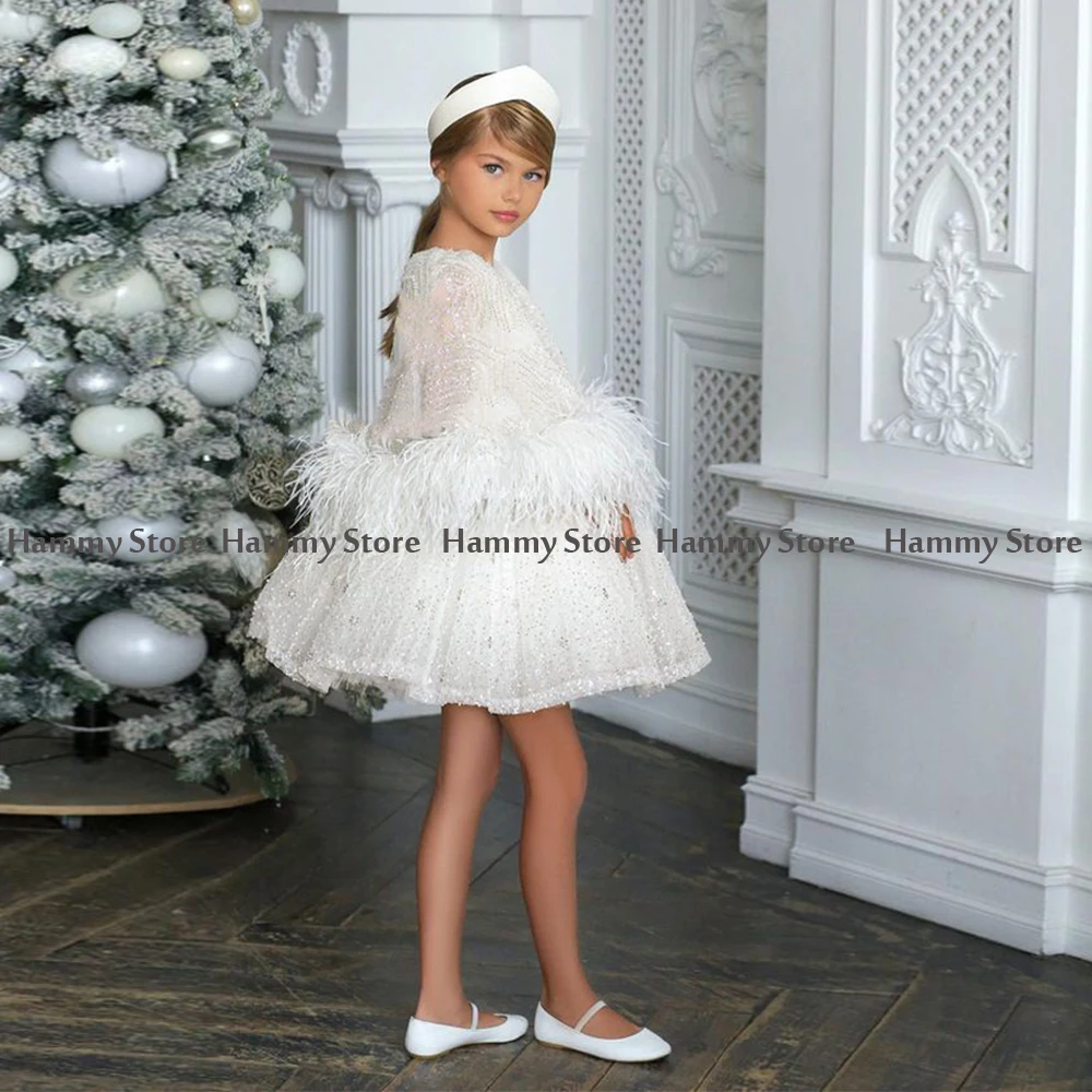 Glitter Sequin Flower Girl Dresses with Feathers Cape Luxury Beading Pearls Party Dress for Kids Pageant First Communion Gown