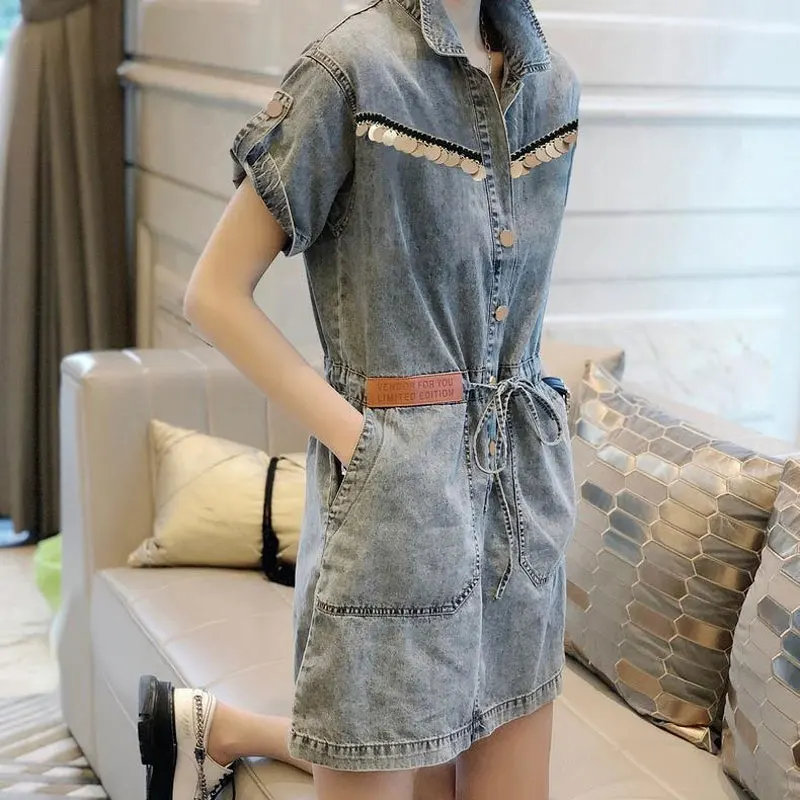 Stylish Plaid Patchwork Mini Dress A-Line Drawstring Summer Polo-Neck Button Women\'s Clothing Vintage Basic Short Sleeve Dresses