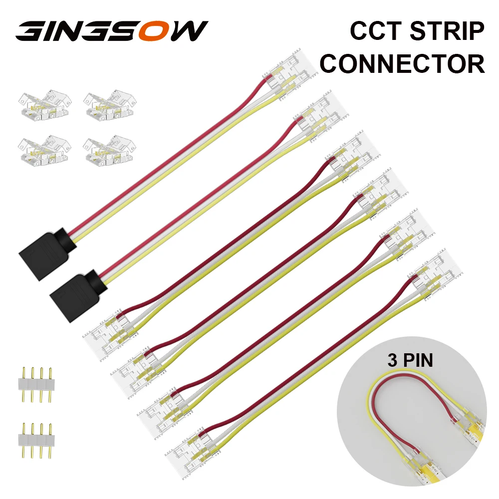 Gingsow 3 Pin Connector for 10mm CCT COB LED Strip Light Solderless Terminal Extension Connection Kit Dual End Connector in Wire