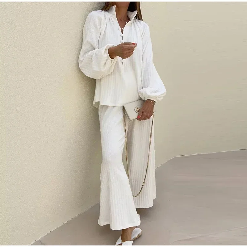 Autumn Winter White Stand Collar Casual Pleated Buttons Flare Pants Suit New Women Elegant High Waist Bishop Sleeve 2 Piece Set