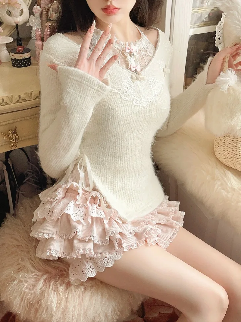 Japanese Lolita Style Winter Slightly Sweet Plush Knitted Lace Split Sweater Pullover Pink Long Sleeves Slimming Sueter Mujer