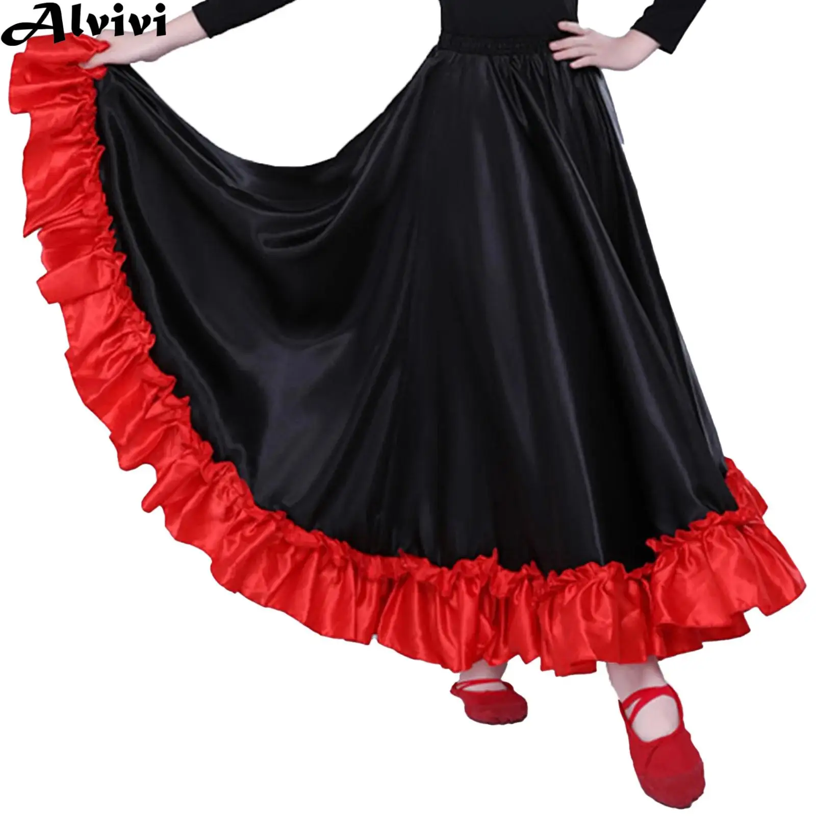 Girls Spanish Paso Doble Flamenco Latin Dance Skirt Big Swing Ruffled Hem Skirts Carnival Party Festival Performance Dancewear