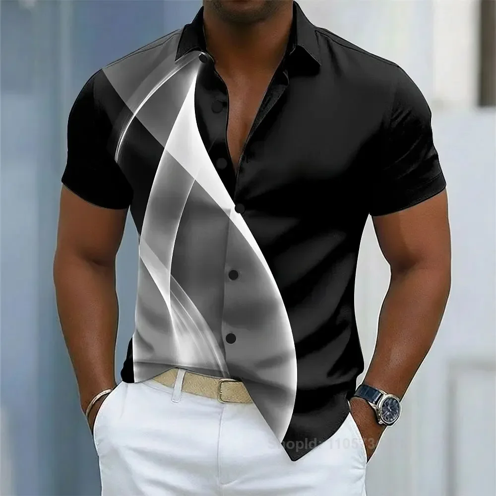 Men's Gradient Waves Abstract Shirt Button Up Short Sleeve 3D Print Turndown Blue Red Purple Green