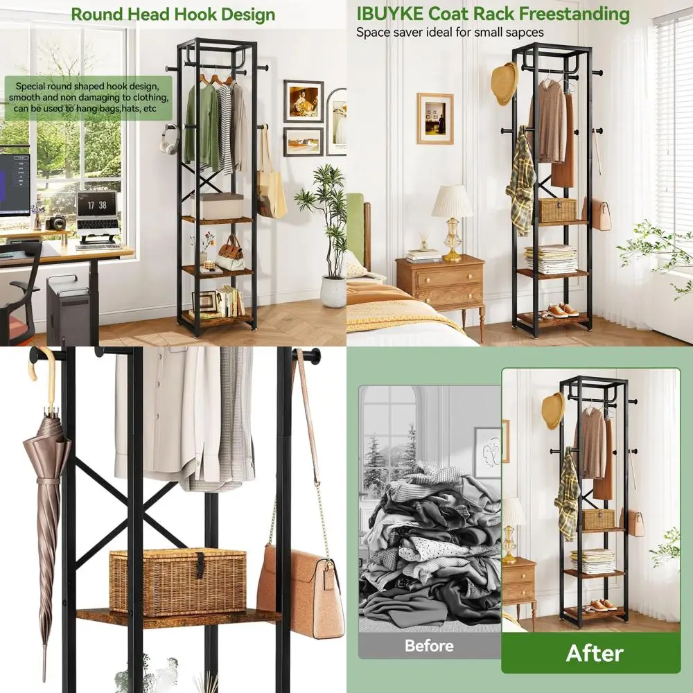 

Отдельно стоящая вешалка для прихожей с 3 полками и 8 крючками, коричневый индустриальный стиль в деревенском стиле