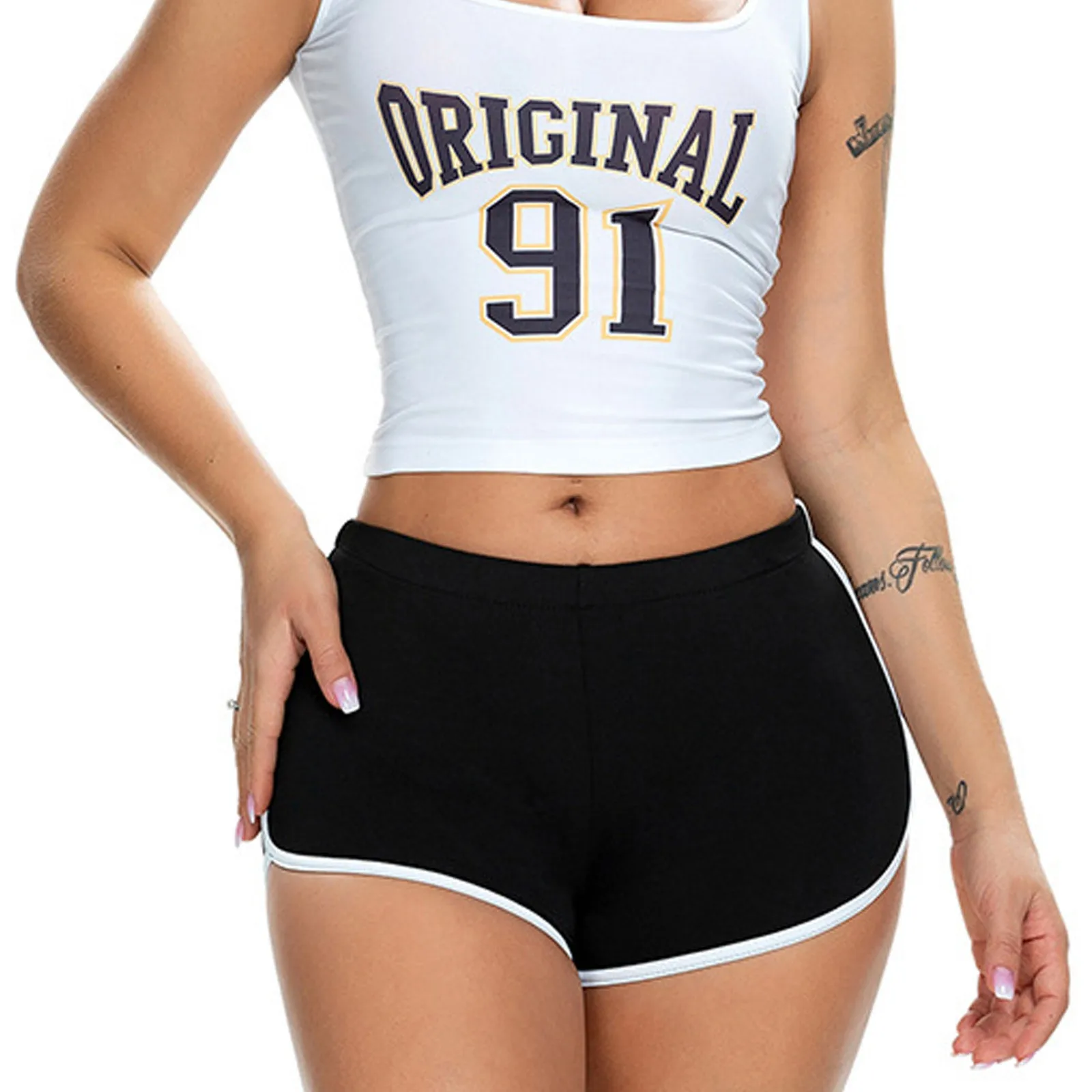 2024 Summer Women\'S Fashion Fitness Shorts Dancewear Gym Workout Summer Mid-Rise Elastic Waistband White Edge Booty Yoga Shorts