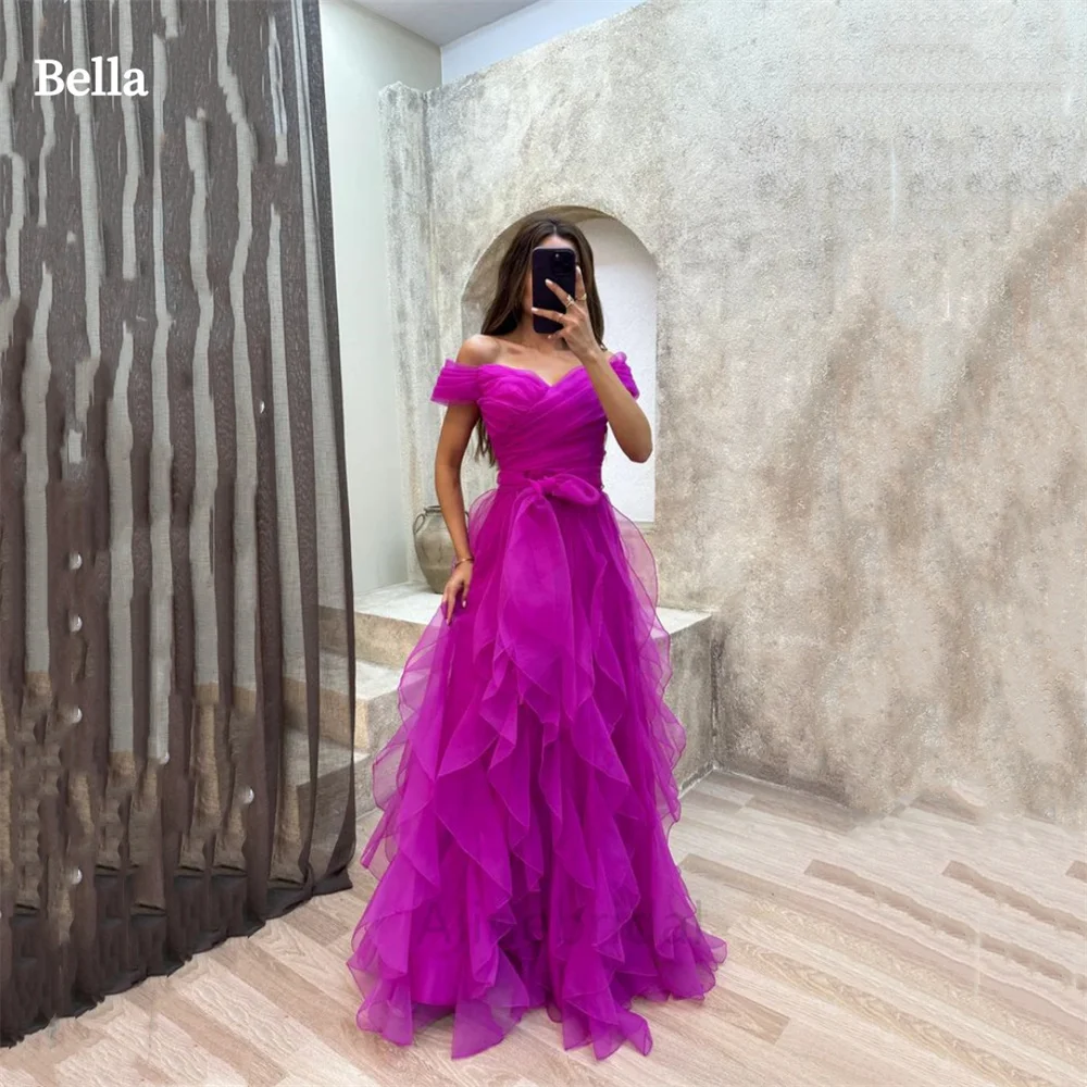 Bella Purple Tulle robes de soirée V-neck Edge Curl Prom Dresses Elegant Sleeveless Floor-Length Bow Waist Wedding Dress 2024