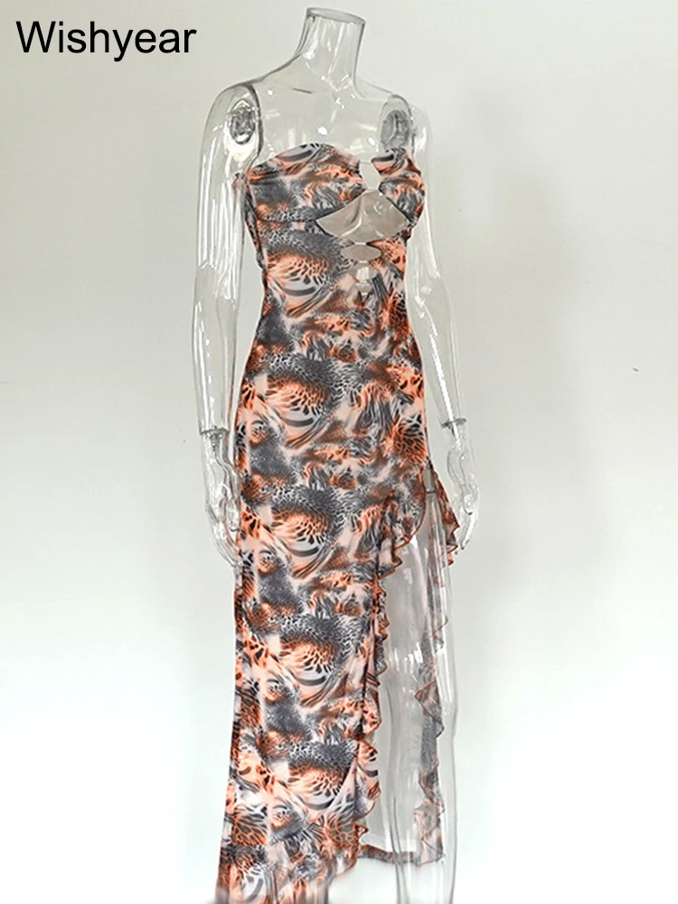 Wishyear Leopard Print Ruffle Hem Split mid Dress off Shoulder Strapless Slim Fit Cut out Backless Beach Party Women's Fashion