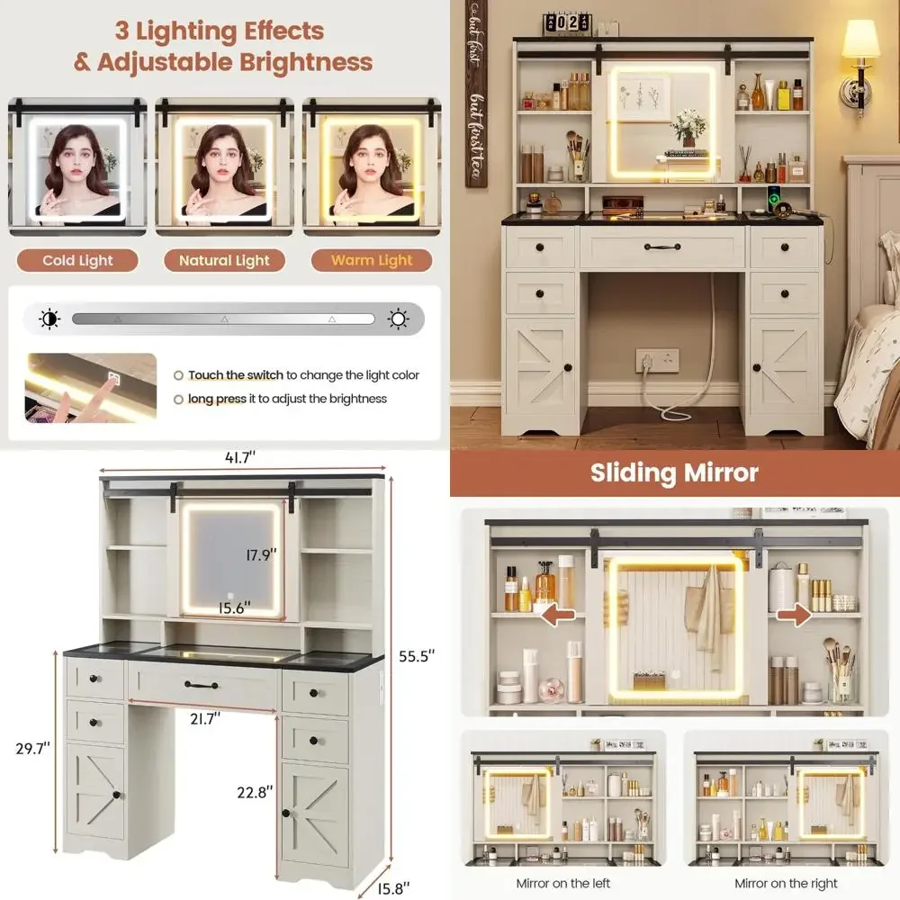 

«Деревенский туалетный столик с раздвижным зеркалом и подсветкой, просторный столик для макияжа со стеклянной поверхностью и портом для зарядки».